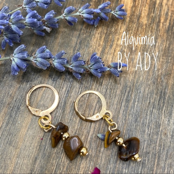Tigers eye and gold statement drops earrings dainty dangle western cowgirl - Picture 1 of 4
